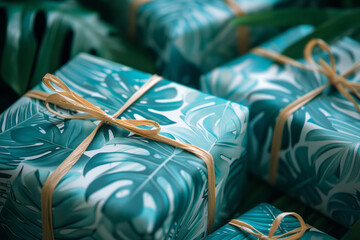 Poster - Gift wrapping paper with a festive green to blue gradient and bold tropical leaf prints,