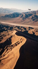 Wall Mural - F-16 flying over a vast desert landscape, casting a long shadow on the sand dunes below