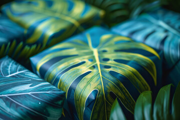 Aufkleber - Gift wrapping paper with a festive green to blue gradient and bold tropical leaf prints,
