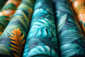 Poster - Gift wrapping paper with a festive green to blue gradient and bold tropical leaf prints,