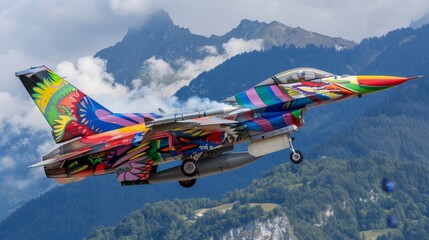 Wall Mural - F-16 painted in vibrant, artistic patterns, performing at an airshow