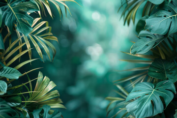 Poster - Travel blog header with a dreamy gradient from forest green to aquamarine, decorated with tropical foliage,