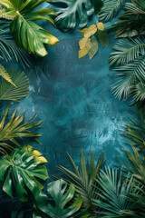 Aufkleber - Event menu design with a green to blue gradient background and delicate tropical leaf borders,