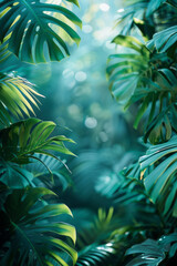 Poster - Event menu design with a green to blue gradient background and delicate tropical leaf borders,