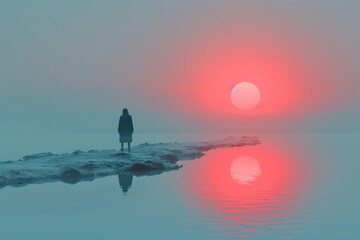 Fototapete - Minimalist poster design using a gradient from serene sky blue to intense scarlet, reflecting a journey from peace to energy,