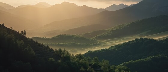 Poster - Serene Sunrise Over Misty Mountain Landscape