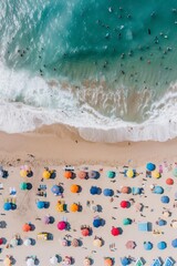 Wall Mural - A bustling beach scene captured from above: colorful beach umbrellas dotting the sand