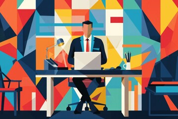 Poster - a man sitting at a desk with a laptop. ideal for business or technology concepts