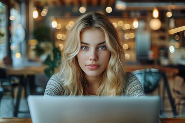 Poster - laptop women female computer person business young technology beauty working lifestyle modern