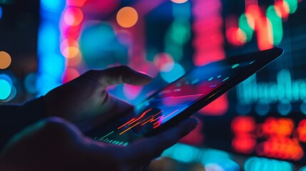 Poster - A close-up of a persons hand interacting with a financial app on a smartphone in a vibrant nocturnal cityscape.