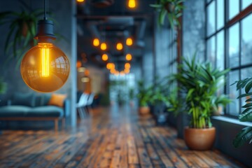 Poster - Artful image featuring a close-up of an illuminated bulb with a blurred modern office background