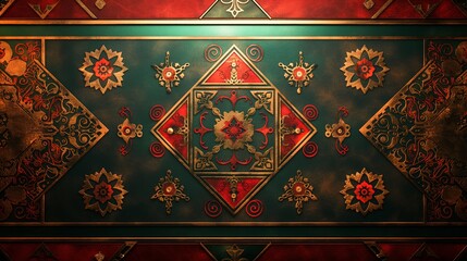 A vibrant wall in red and green hues adorned with a striking gold and red pattern