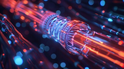 A single fiber-optic cable in wireframe, its cross-section showing the layering of protective elements and data strands