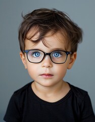 ID Photo for Passport : European baby boy with straight short black hair and blue eyes, with glasses and wearing a black t-shirt