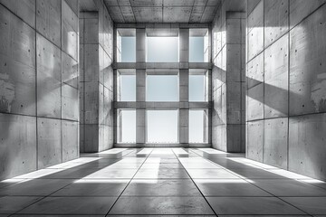 Poster - An interior perspective of a minimalistic concrete atrium showcasing the interplay of light and shadow