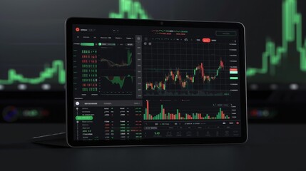 Poster - A tablet propped up on a dark desk shows live stock market charts against a blurred background of additional graphs.