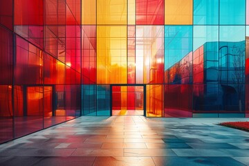 Poster - The image showcases a modern building's glass facade with a vibrant spectrum of red and orange hues, reflecting the urban environment