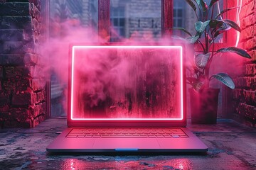 Poster - Modern laptop with neon lights free space for text