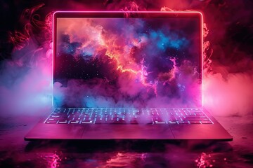 Poster - neon lights Modern laptop with free space for text
