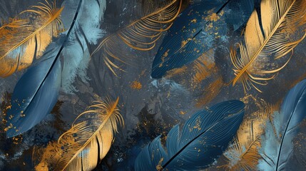 Wall Mural - Elegant Blue and Gold Feather Abstract Art