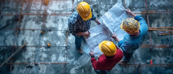 Construction business coping with regulatory changes, meeting on site with blueprints and hard hats