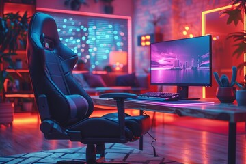 Poster - Professional cyber video gamer studio room with personal computer armchair