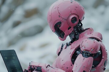 Poster - Robot humanoid use laptop futuristic technology science future cyborg modern cyber machine artificial face