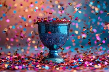 Poster - A mesmerizing goblet against a striking backdrop of flying confetti, evoking celebration and excitement