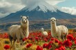 Three llamas in the foreground with vibrant red flowers and the majestic, snow-capped Mount Cotopaxi in the background