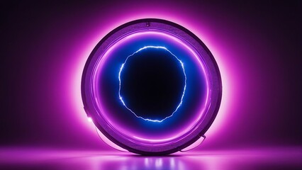 Wall Mural - glowing neon number 0 A black canvas with a circular electric discharge in blue and purple hues 