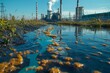 © Larisa AI - An industrial plant with smokestacks reflects on the surface of a contaminated water body, highlighting environmental concerns and pollution