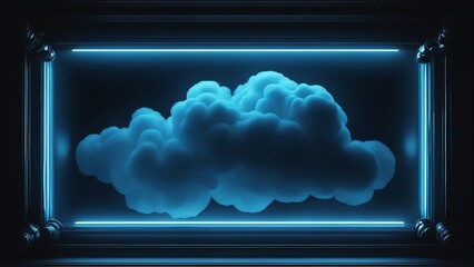 Wall Mural - cloud computing concept A blue neon frame on a black background with a stormy cloud inside 