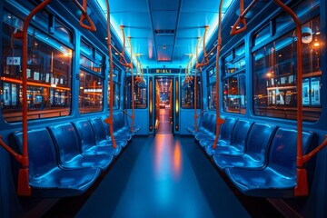 Poster - A vibrant, empty train carriage is bathed in futuristic blue light with sleek metal bars and polished seats