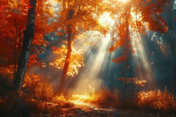 Wall Mural - the sun is shining through the trees, casting a warm glow on the forest floor