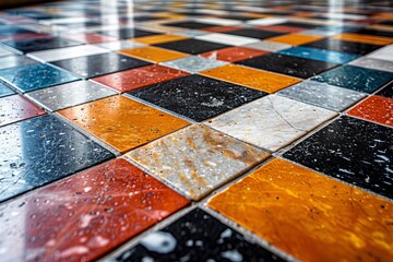 Poster - Colorful terrazzo floor tiles, freshly dotted with raindrops, combine practicality with vibrant aesthetics