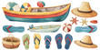 © tanapat - The image shows a variety of summer items. There are beach hats, beach balls, an umbrella, a cooler, and a variety of sandals.