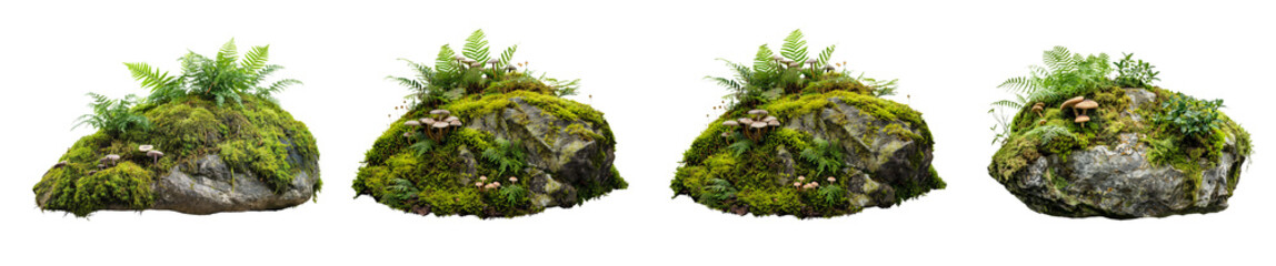 Poster - Collection of large moss covered rock surrounded by ferns isolated on transparent or white background