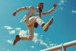 Businessman jumping over obstacles, steeplechase