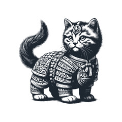 Sticker - The cat with armor. Black white vector logo illustration. 