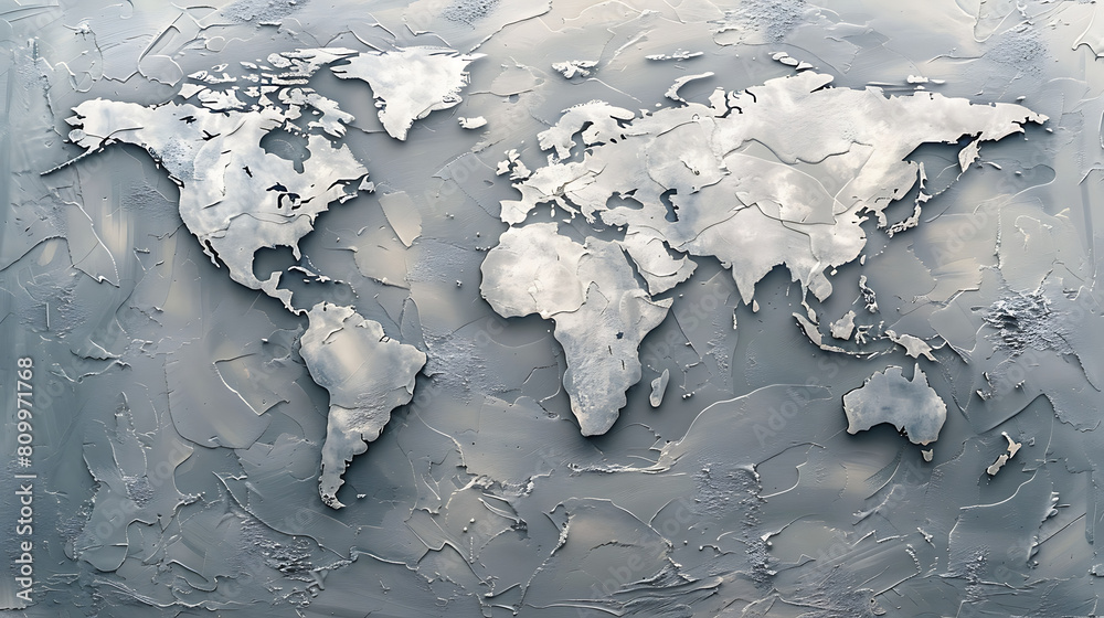 A sleek, grey metallic world map, perfect for business presentations or ...