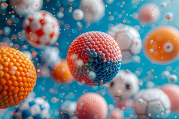 Poster - Vividly colored microscopic particles floating against a blue background, resembling molecular structures
