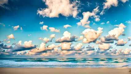 Blue sky, white clouds, sandy beaches and oceans, vacation time, beautiful coastal scenery, product background and banners