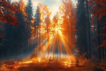 Wall Mural - the sun is shining through the trees, casting a warm glow on the forest floor