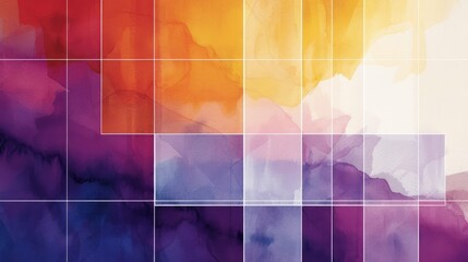 Wall Mural - Colorful watercolor with gradient of sunset painting with white squares. A colorful abstract painting with vibrant shades of purple and orange. Image of brushstrokes in the orange and purple. AIG42.