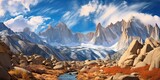 Fototapeta  - High peak mountain hill cliff with snow ice on top. Adventure travel nature outdoor scenic background landscape