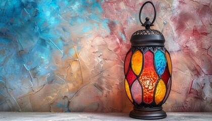 Handmade colorful burning glass lantern. Copy space for text