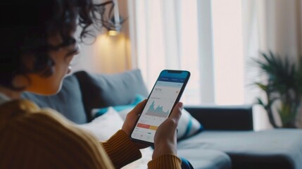 Poster - A woman in a yellow sweater checks financial graphs on her mobile device, possibly trading or analyzing stocks.