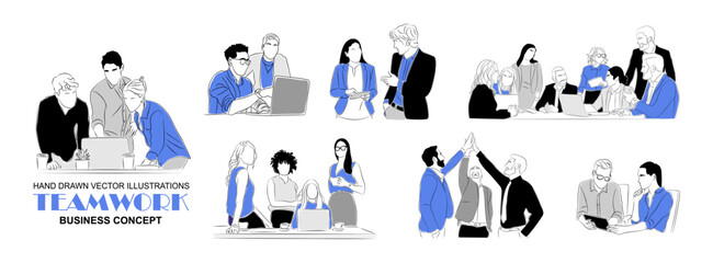 Business team members working together scenes. Business men and women Meeting, brainstorming, discussing, taking part in business activities. Vector colored line art on transparent background.