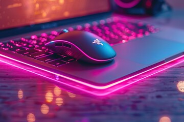 Poster - Computer mouse near a laptop in neon lighting closeup free space for text