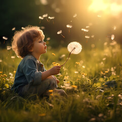 Poster - A child blowing dandelion seeds in a meadow.